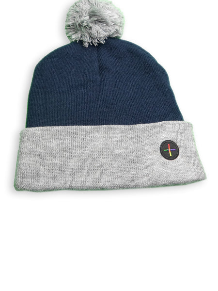 Navy & Grey Smooth, Pom Pom Ski Throwback Beanie